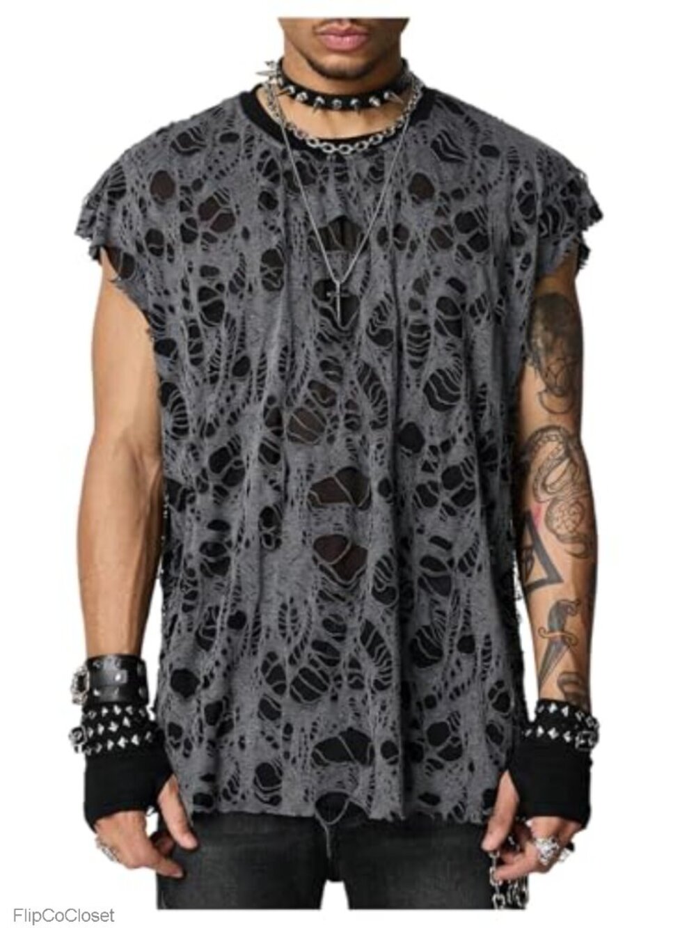 Men's Hip Hop Ripped Tank Top Cap Sleeve Gothic Punk Muscle Shirt